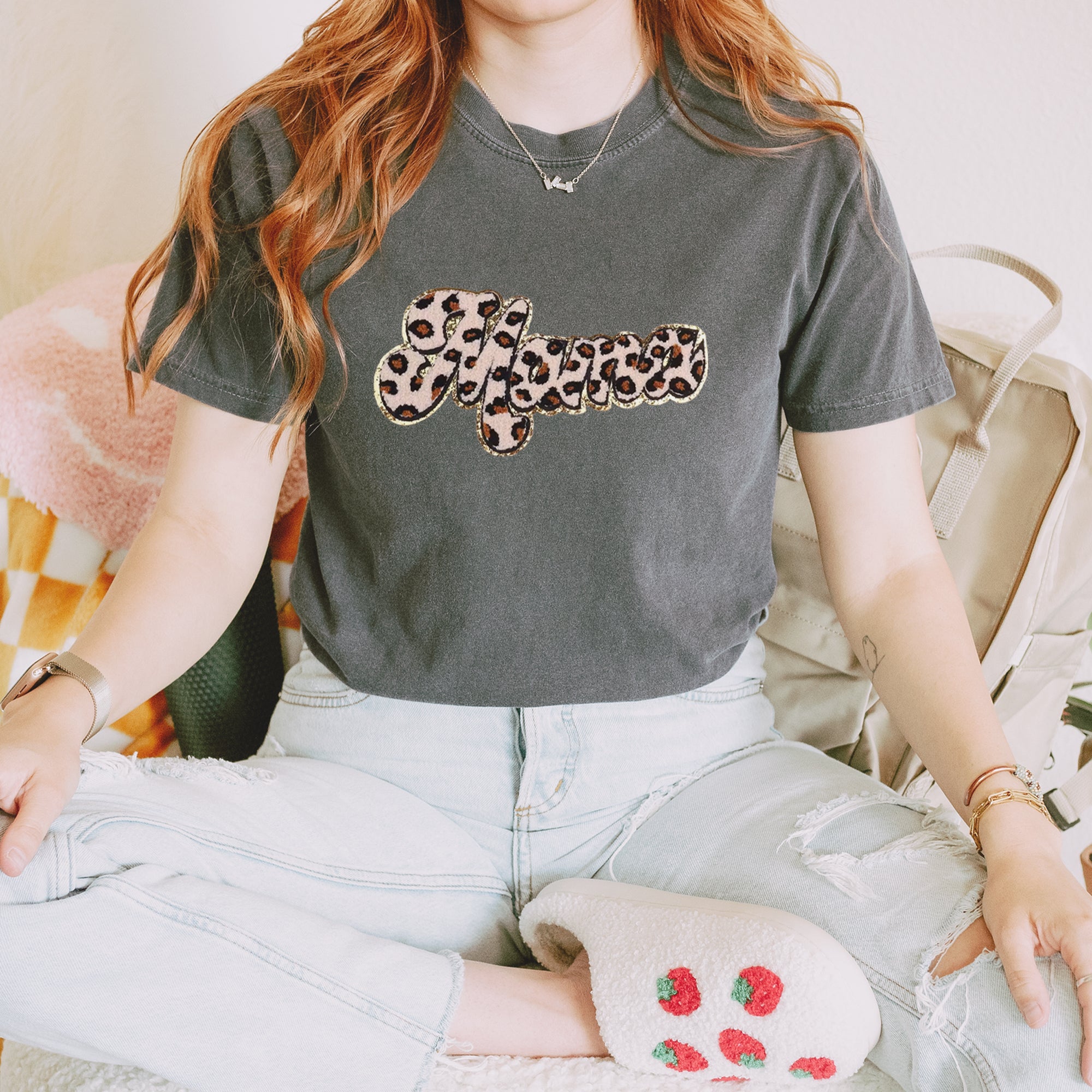 Mama Cheetah Print Glitter Chenille Patch Vintage Soft Unisex T-shirt 