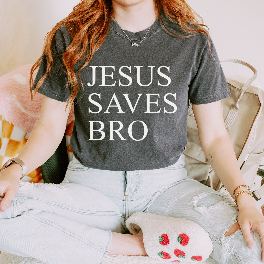Jesus Saves Bro graphic on Garment-Dyed Heavyweight Unisex T-Shirt alternate view 4