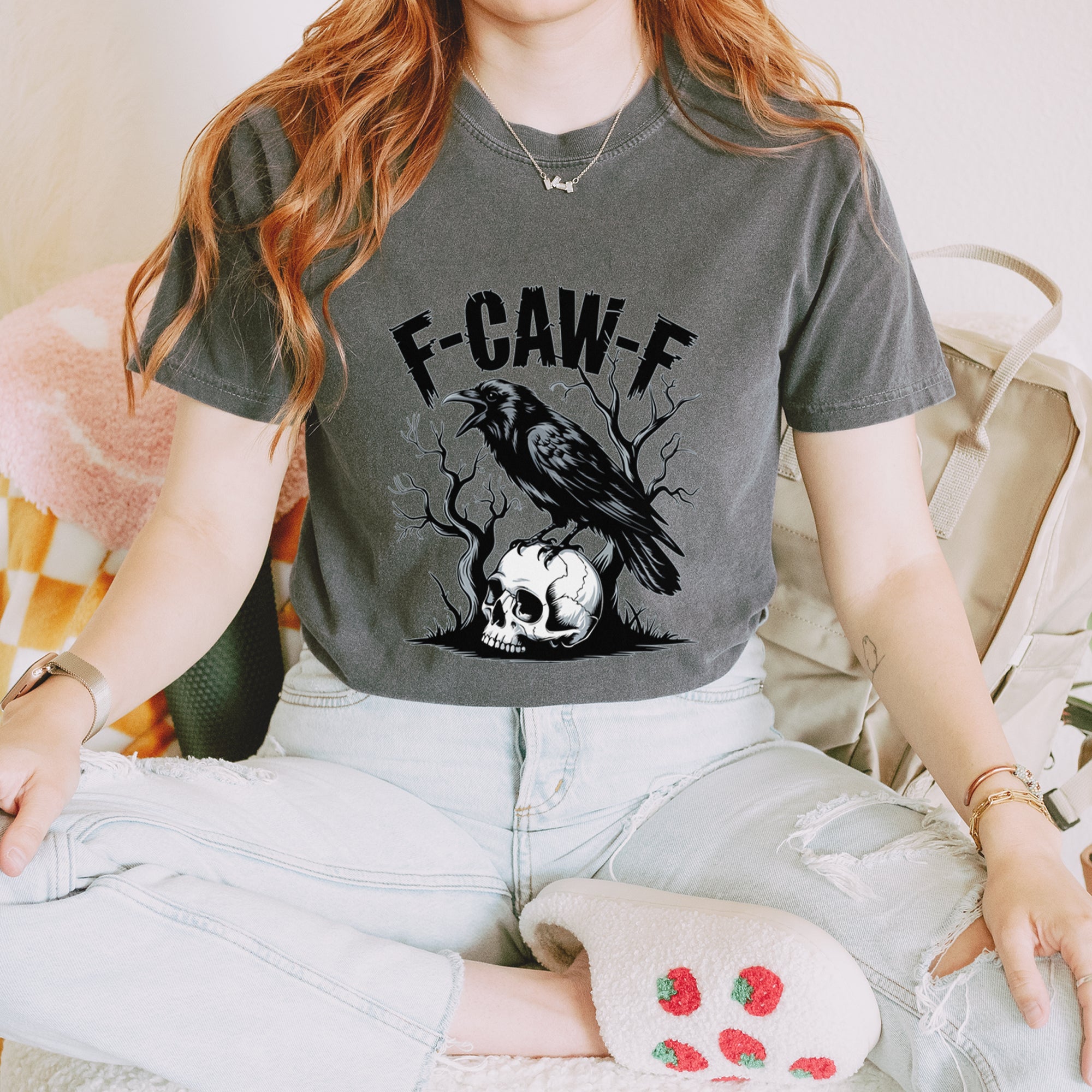F-Caw-F Crow On Skull F-ck Off Gothic Vintage Soft Unisex T-shirt 
