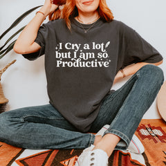 Comfort Colors 1717 garment-dyed heavyweight unisex T-shirt in Pepper with tie-dye burst, sparkles, hearts, feather, and bold white lettering