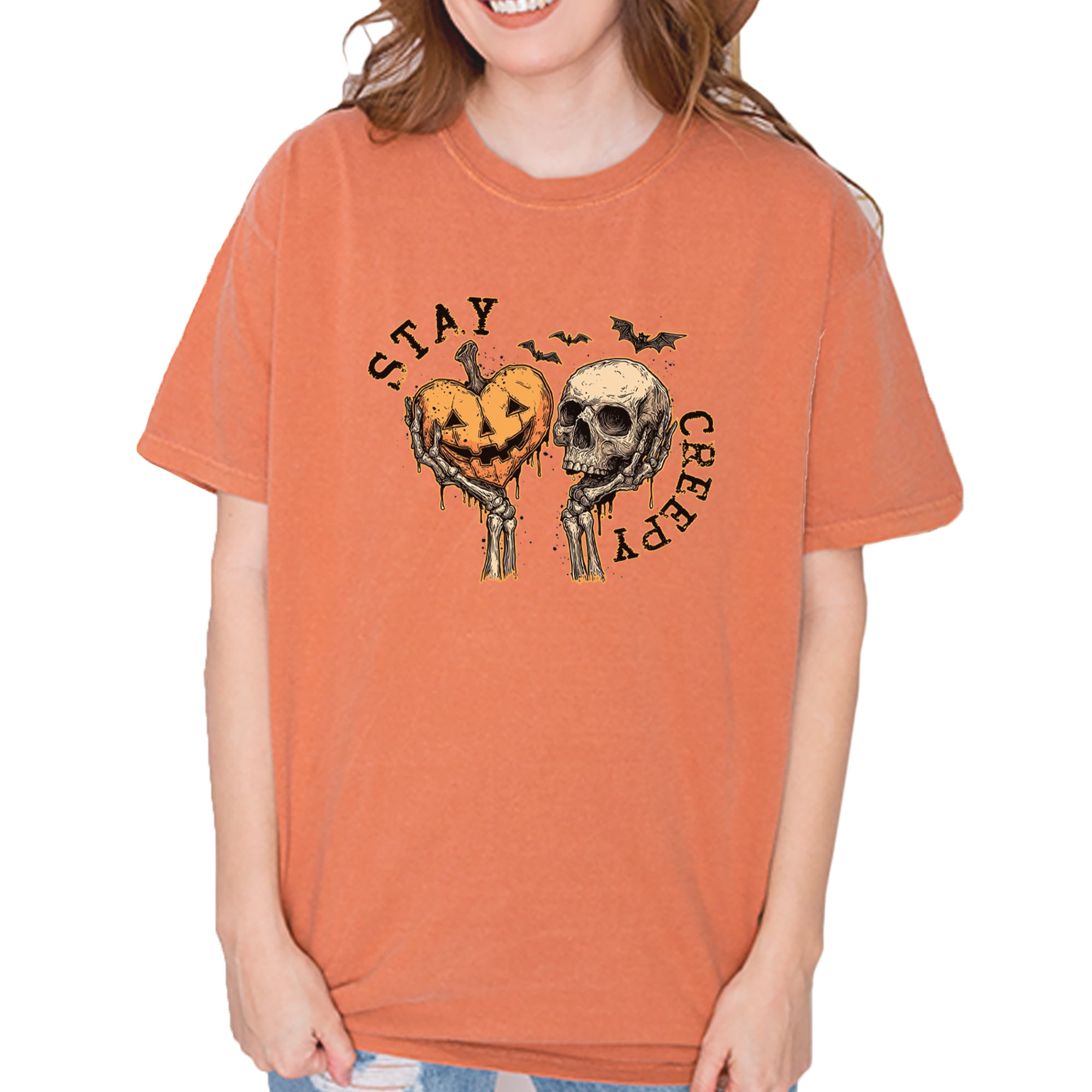 Stay Creepy Skull and Pumpkin Halloween Vintage Soft Unisex T-shirt Yam