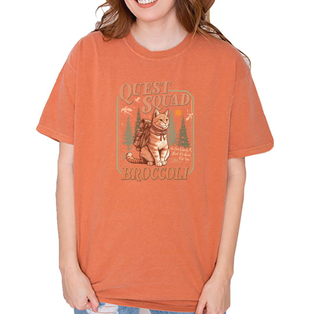 Quest Squad Broccoli Cat Fantasy Reader  Vintage Soft Unisex T-shirt Yam