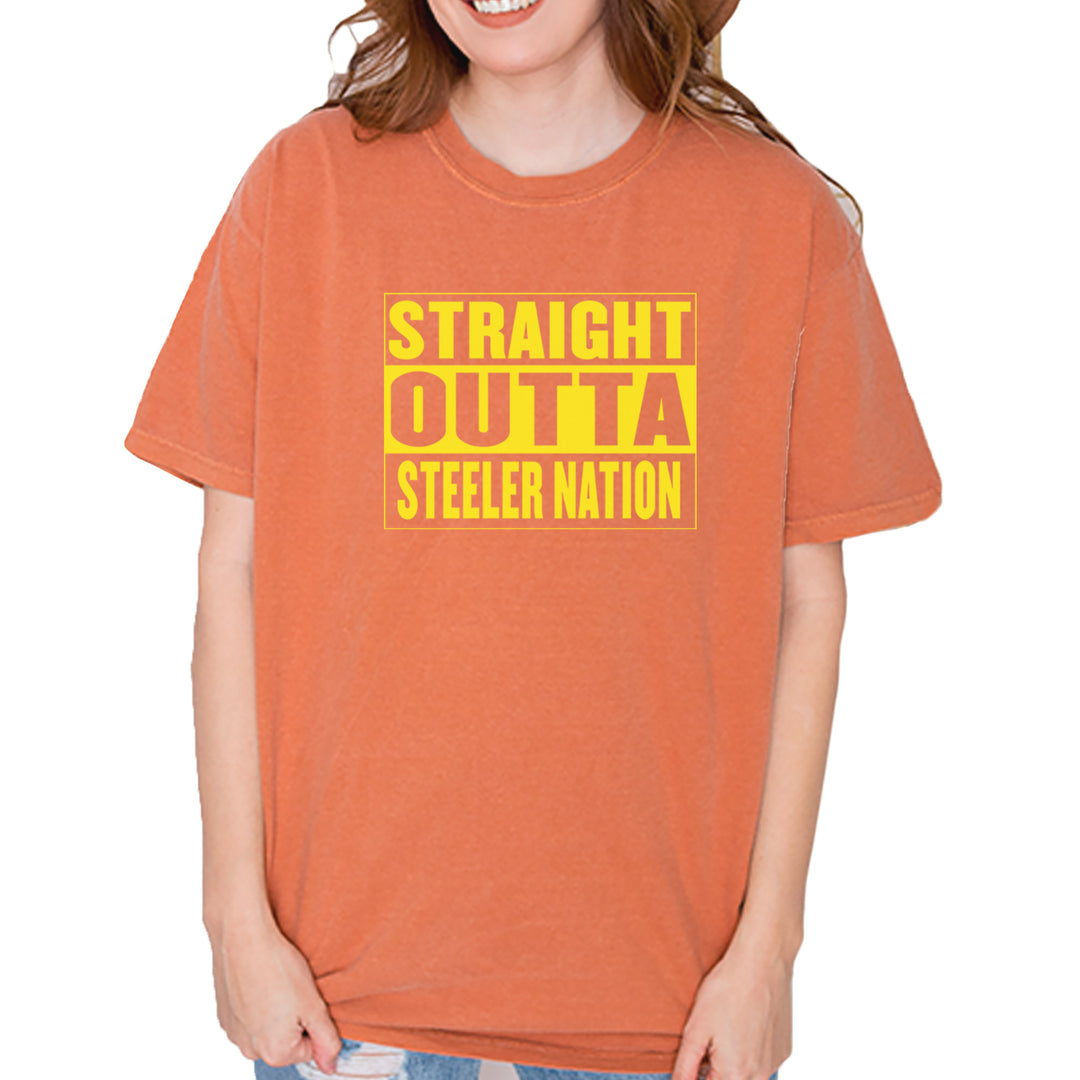 Straight Outta Steeler Nation Football graphic on Garment-Dyed Heavyweight Unisex T-Shirt in Yam
