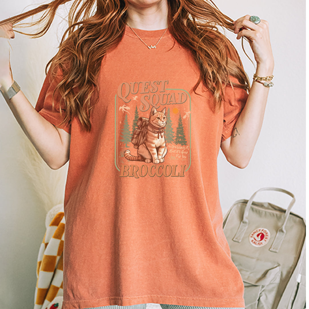 Quest Squad Broccoli Cat Fantasy Reader  Vintage Soft Unisex T-shirt 
