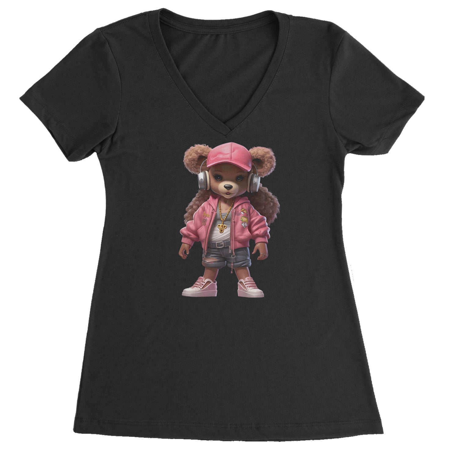 Pink Female Urban Graffiti Bear Ladies V-Neck T-shirt Black