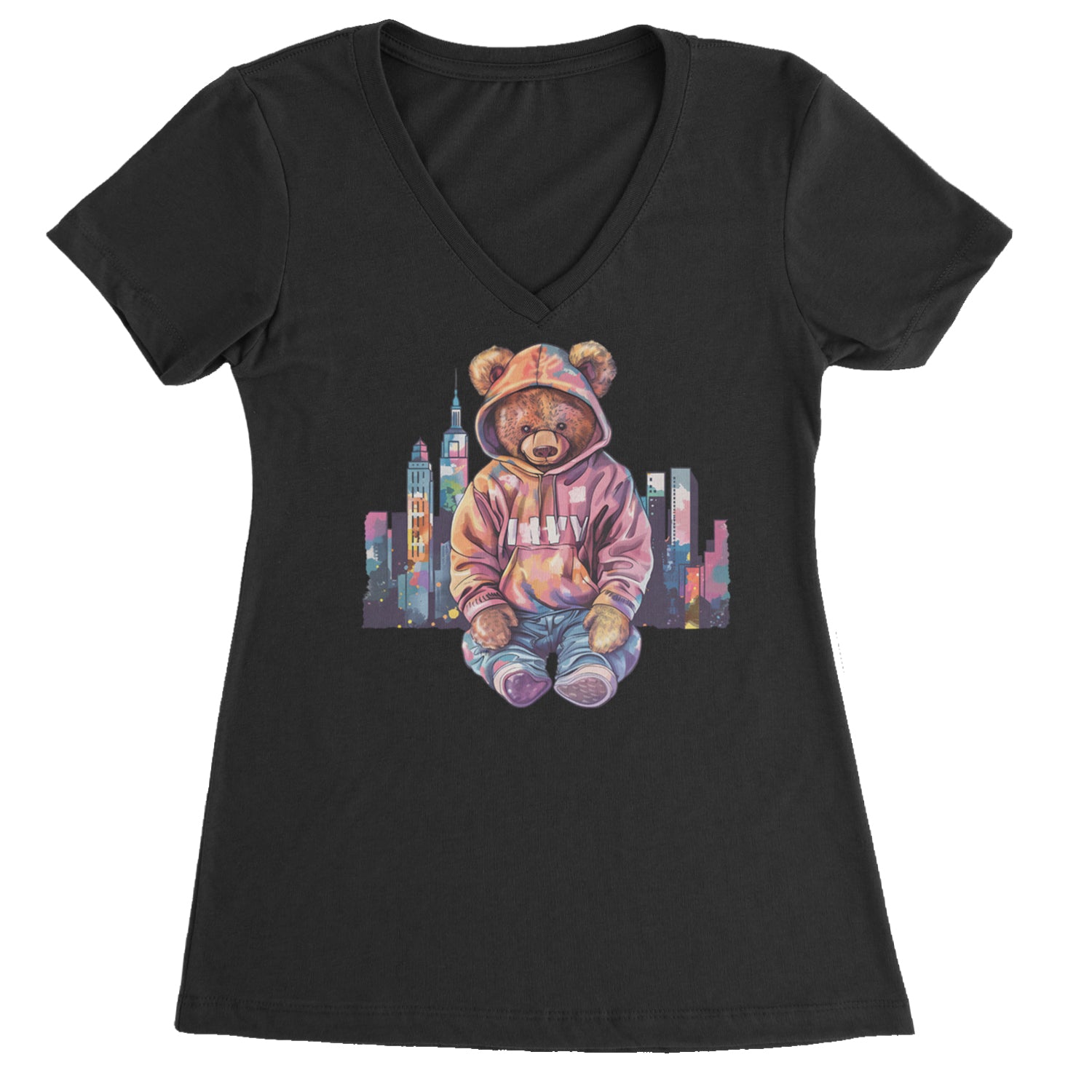 City Skyline Urban Graffiti Bear Ladies V-Neck T-shirt Black