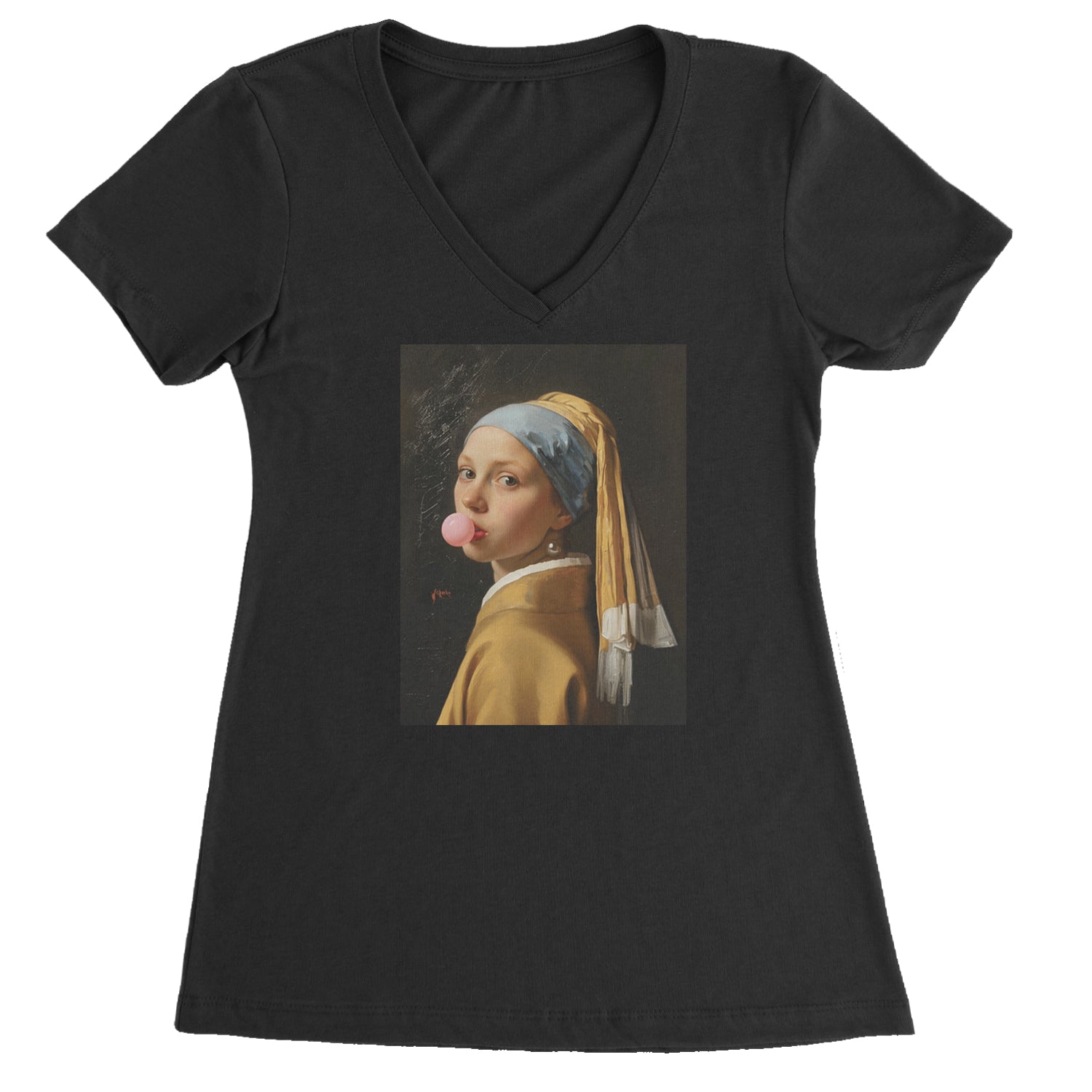 Girl with a Pearl Earring Bubble Gum Contemporary Art Ladies V-Neck T-shirt Hot Pink
