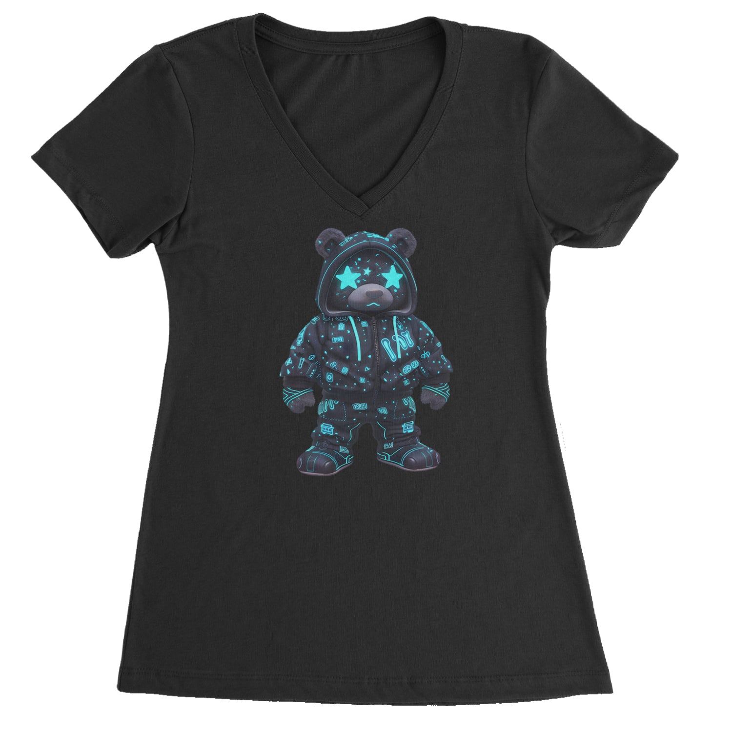 Starry Eyed Vaporwave Urban Graffiti Bear Ladies V-Neck T-shirt Black