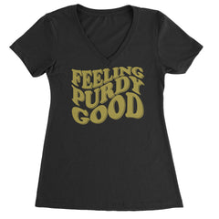 Retro wavy "FEELING PURDY GOOD" lettering on a Women's Lightweight V-Neck T-Shirt