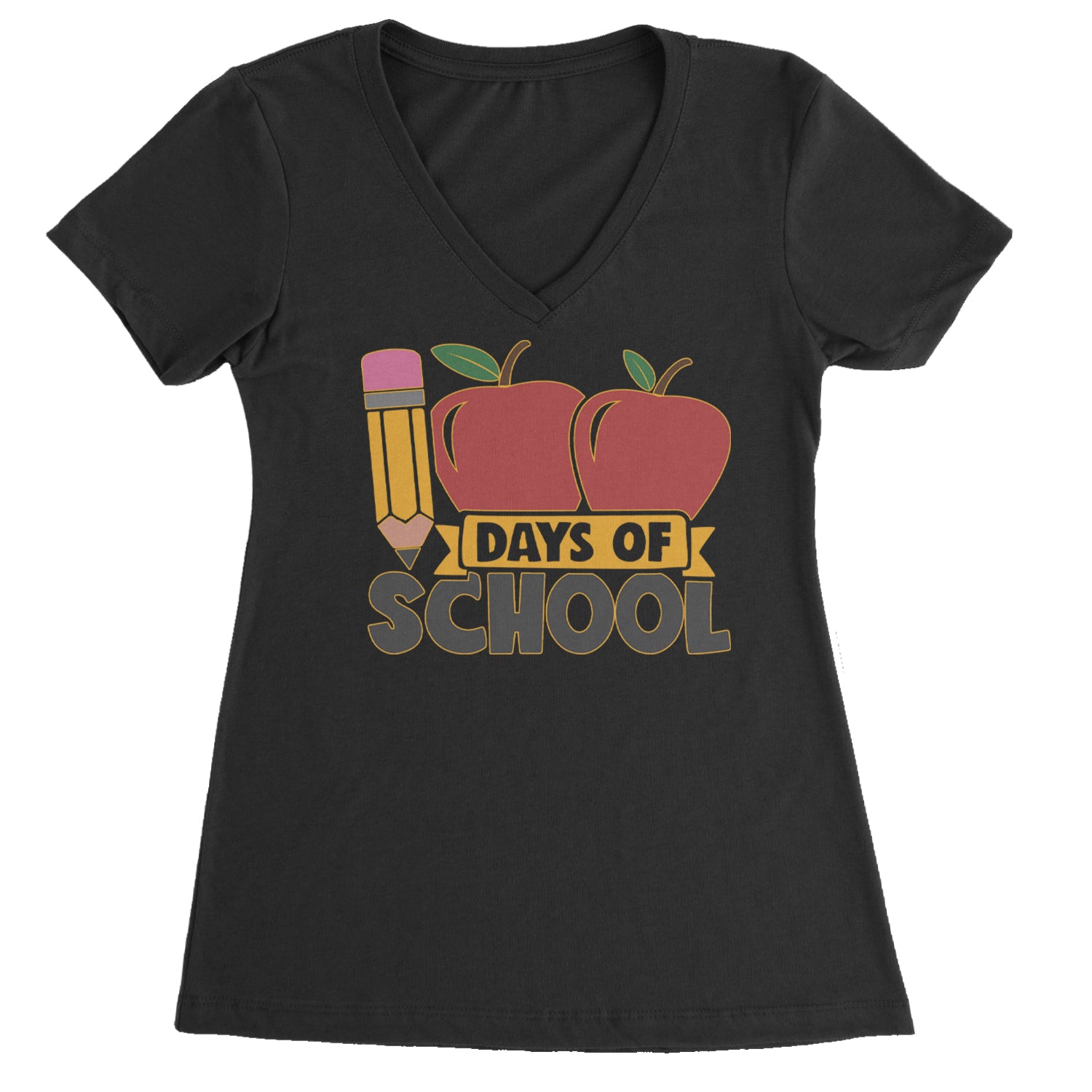 100 Days Of School Apple Pencil Ladies V-Neck T-shirt Black