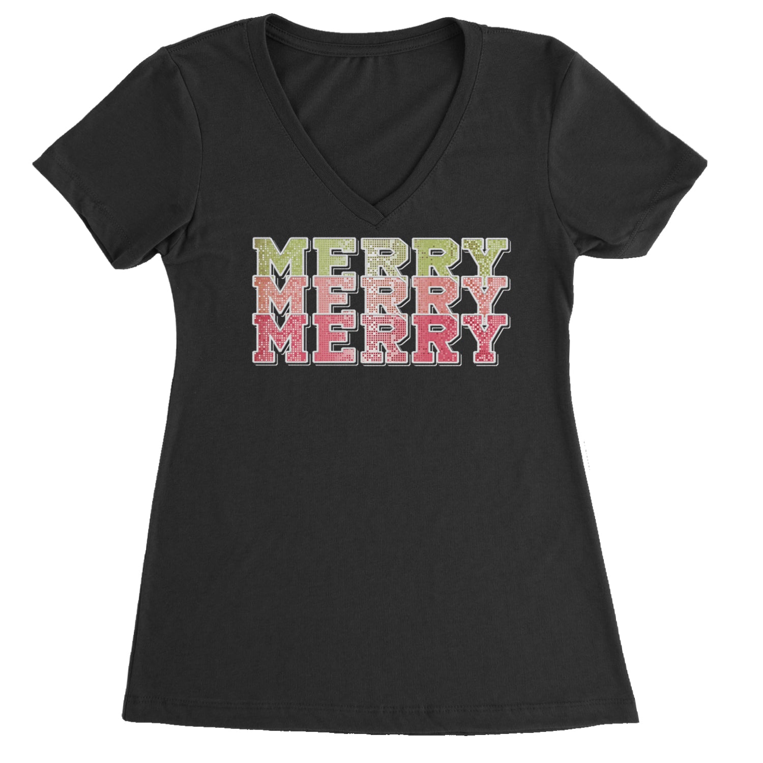 Merry Merry Merry Faux Sequins Ladies V-Neck T-shirt Purple