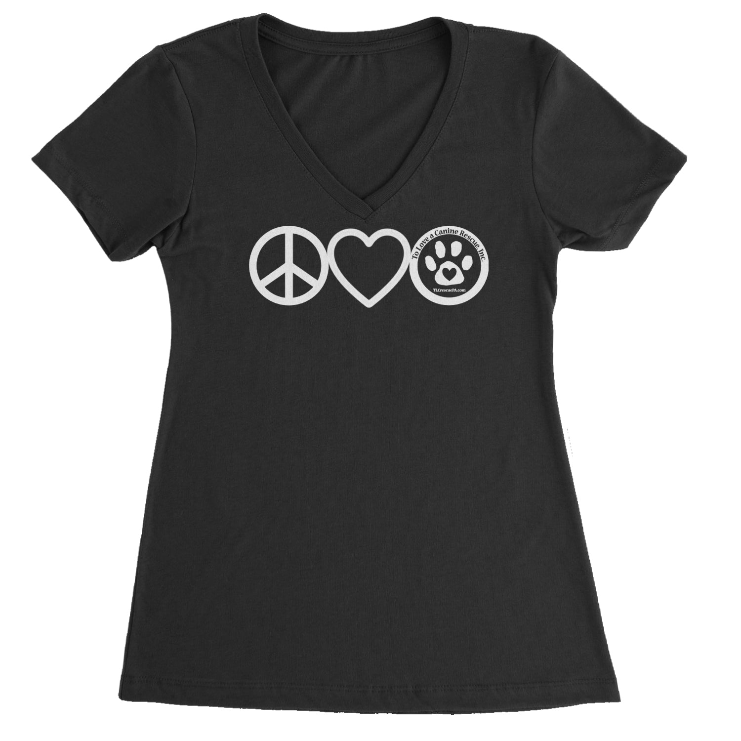 Peace, Love and TLC Dog Rescue Ladies V-Neck T-shirt Black