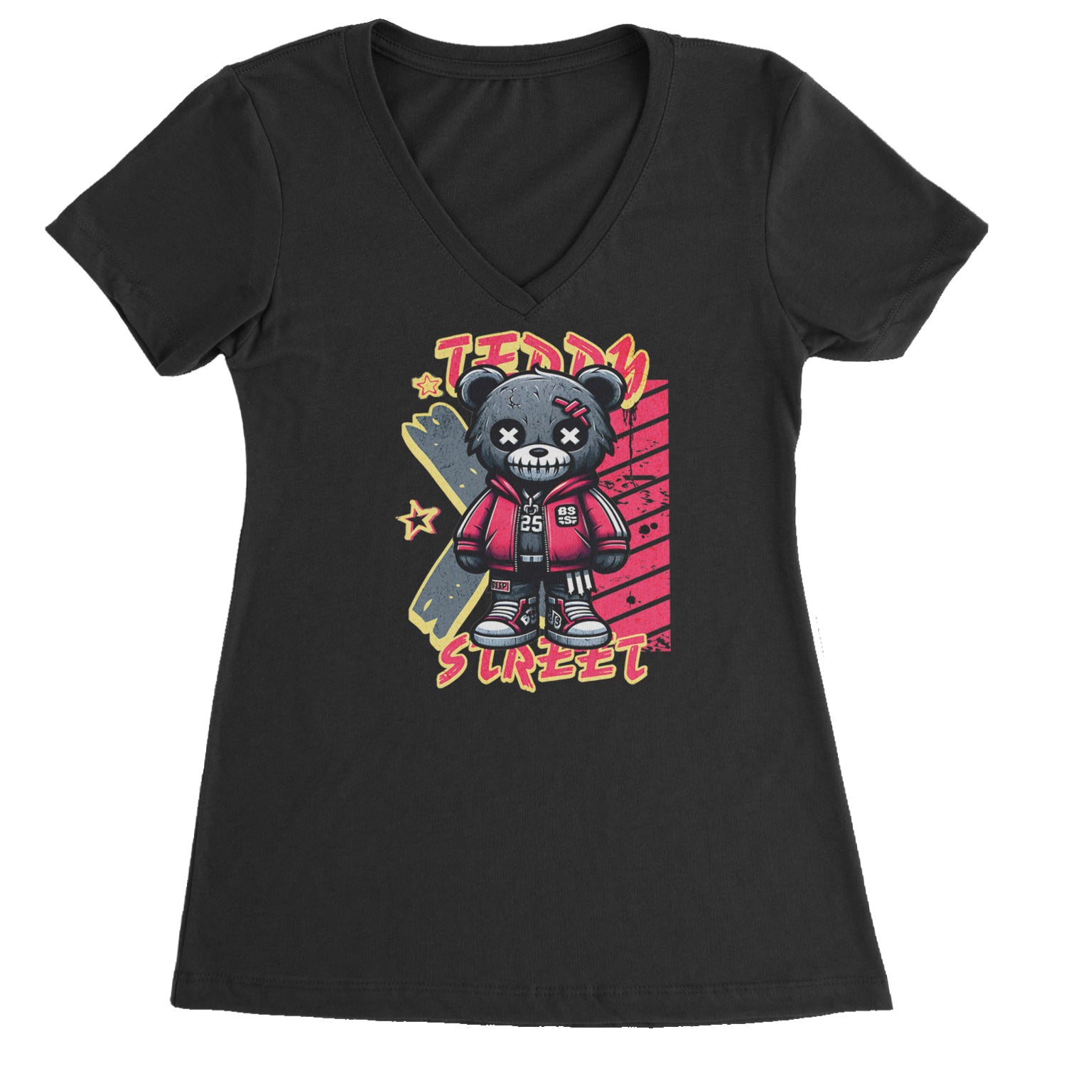 Teddy Attitude Urban Graffiti Bear Ladies V-Neck T-shirt Black