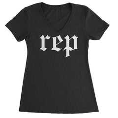 Women's Lightweight V-Neck T-Shirt with bold gothic "rep" text across the front
