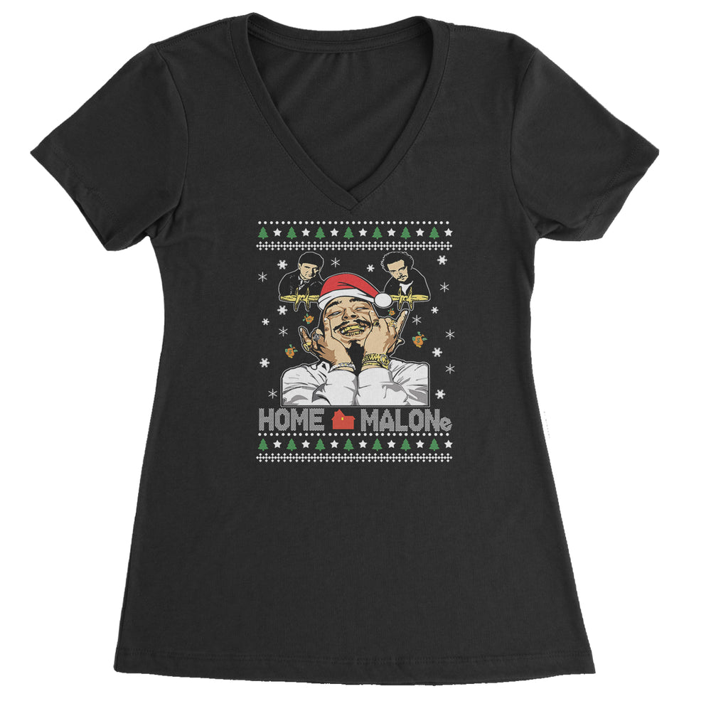 Home Malone Ugly Christmas graphic on Women's Lightweight V-Neck T-Shirt in Black