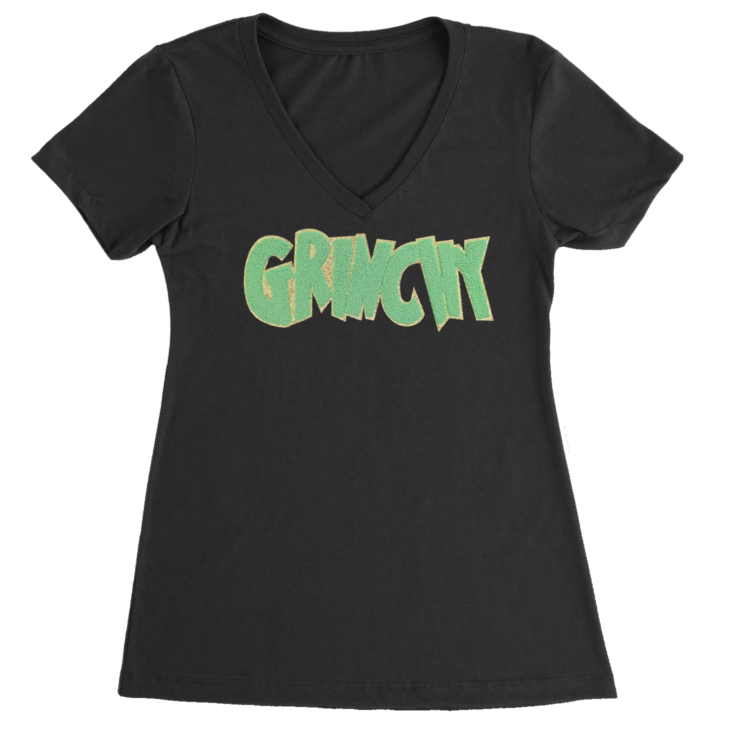 Green Gr-nchy Chenille Patch Ladies V-Neck T-shirt Black