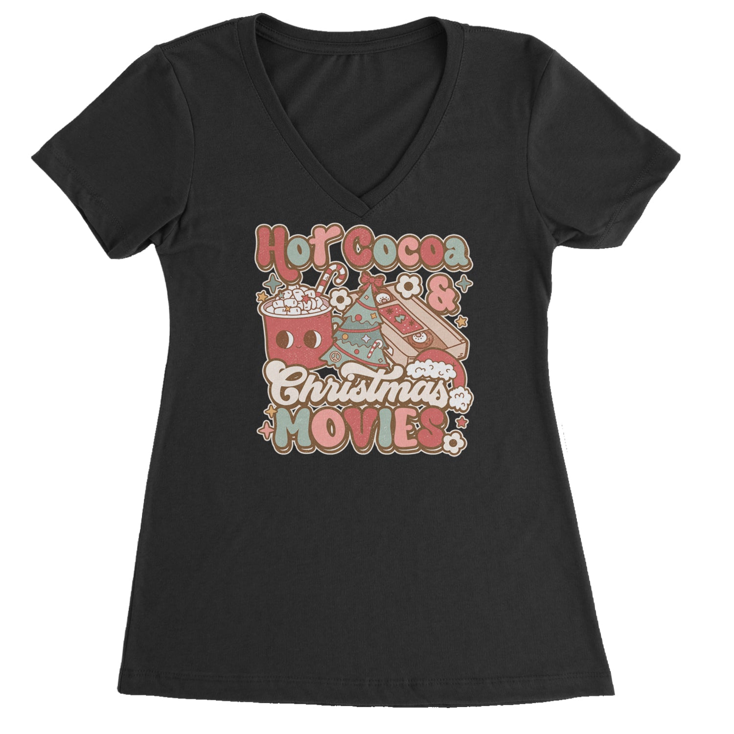 Hot Cocoa And Christmas Movies Holiday Ladies V-Neck T-shirt Light Pink