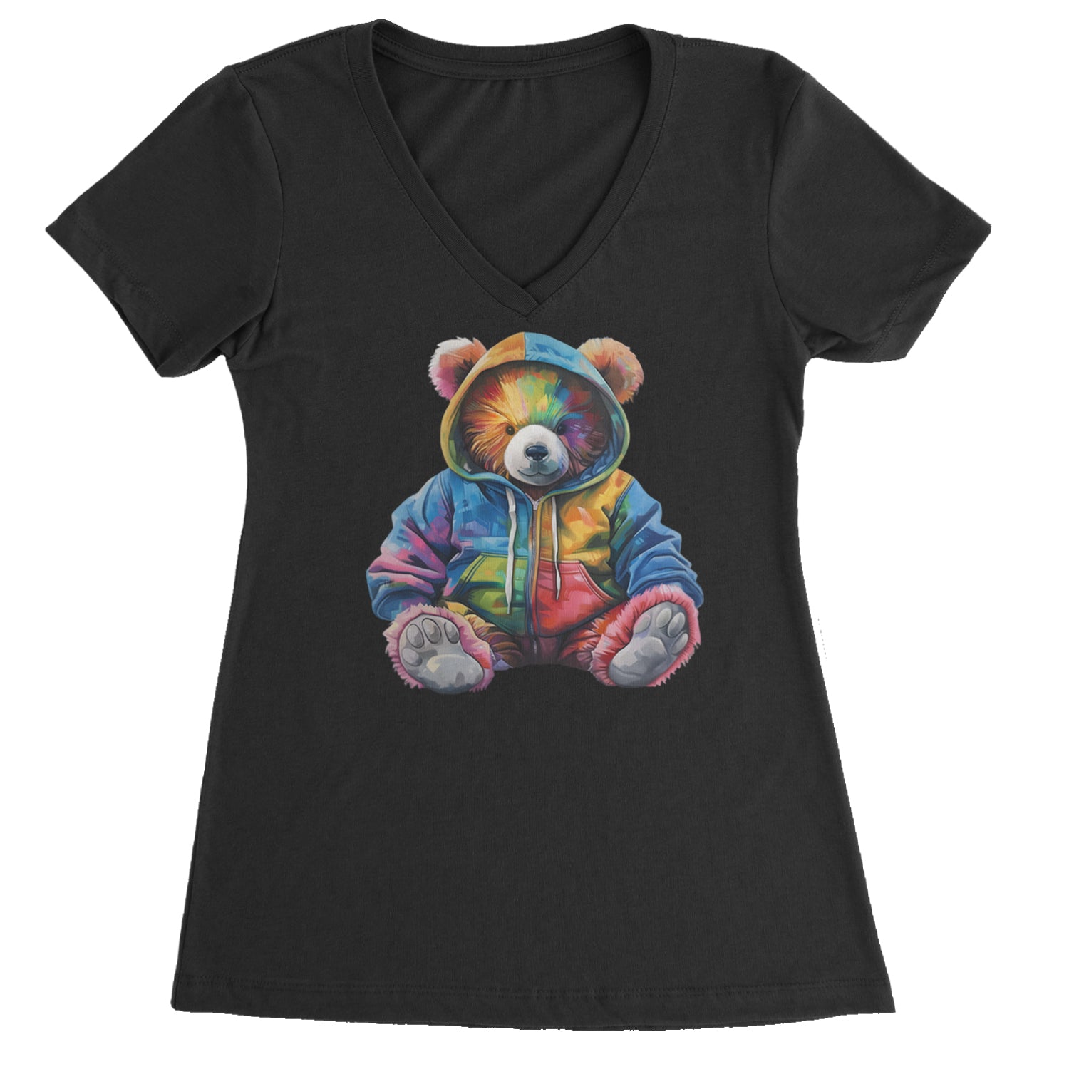 Rainbow Streetwear Urban Graffiti Bear Ladies V-Neck T-shirt Black