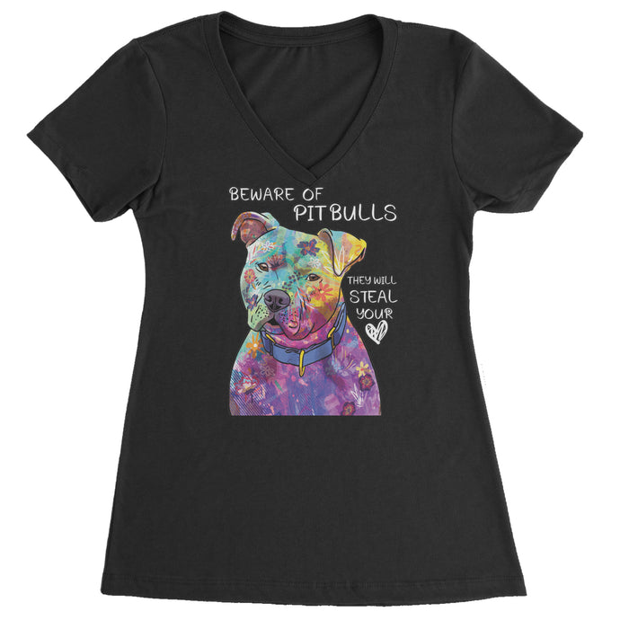 Beware Of Pit Bulls, They Will Steal Your Heart  Ladies V-Neck T-shirt