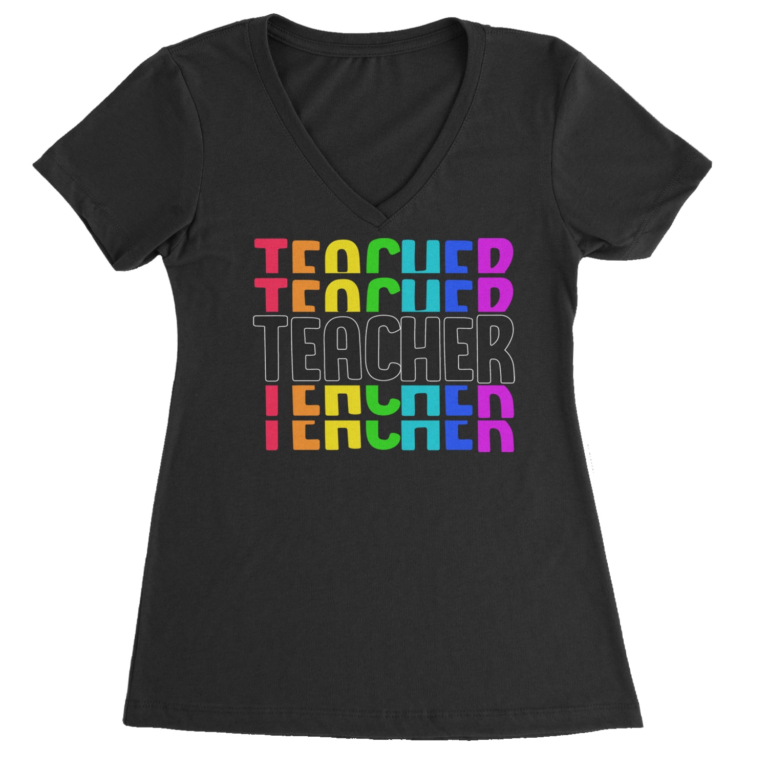 Teacher Repeated Rainbow Pattern Ladies V-Neck T-shirt White