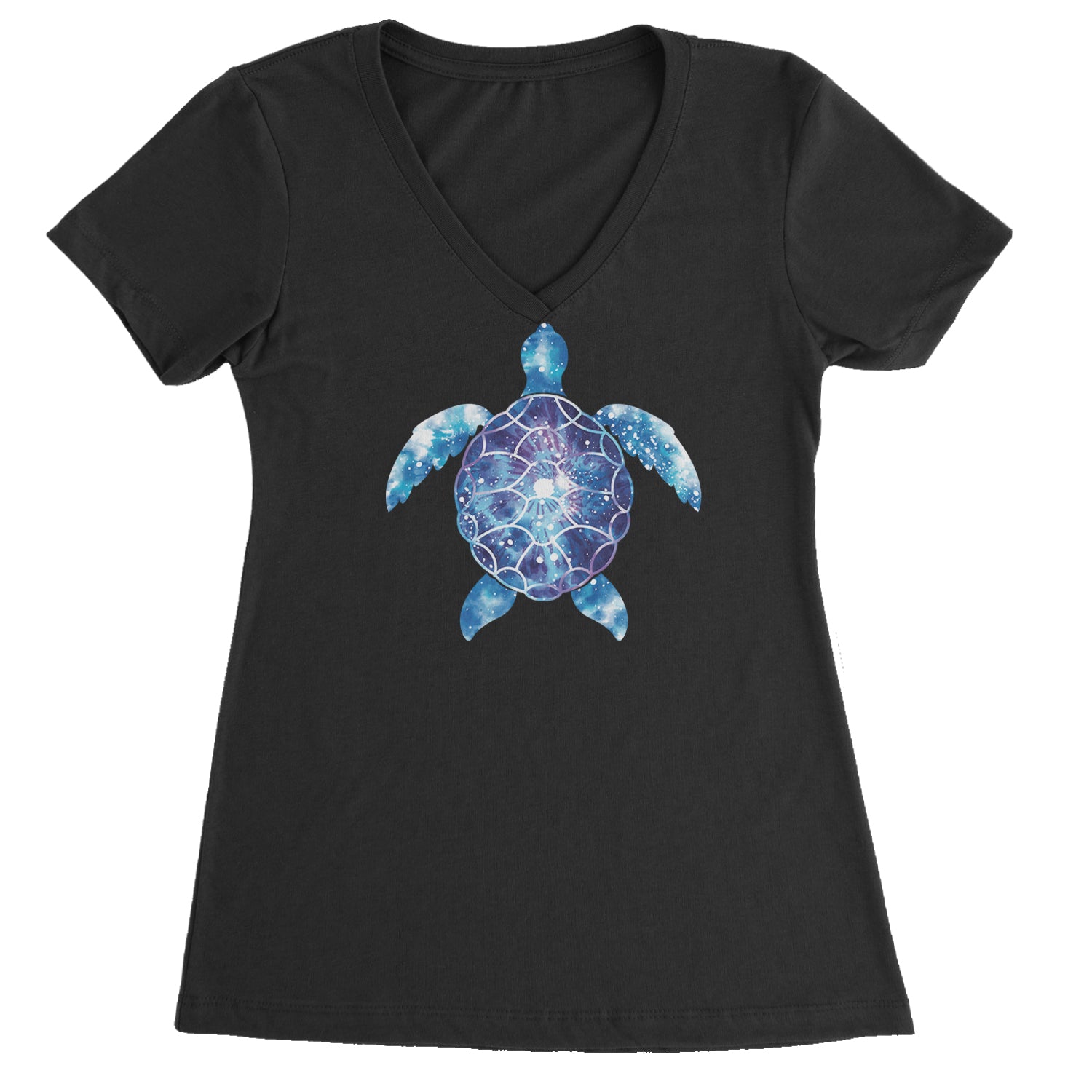 Ocean Aura Tie-Dye Sea Turtle Ladies V-Neck T-shirt Black