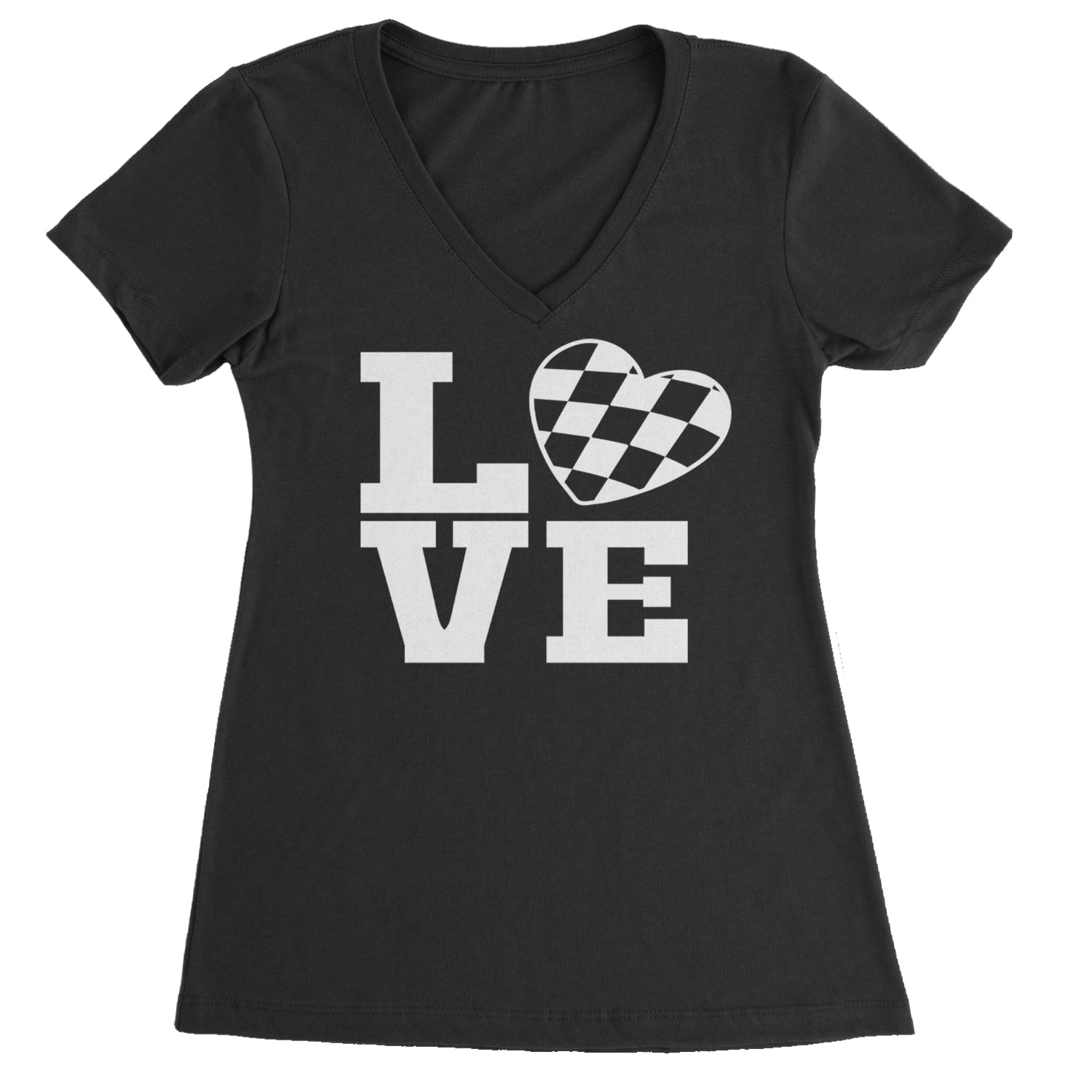 Love Racing Checkered Flag Heart Ladies V-Neck T-shirt Black