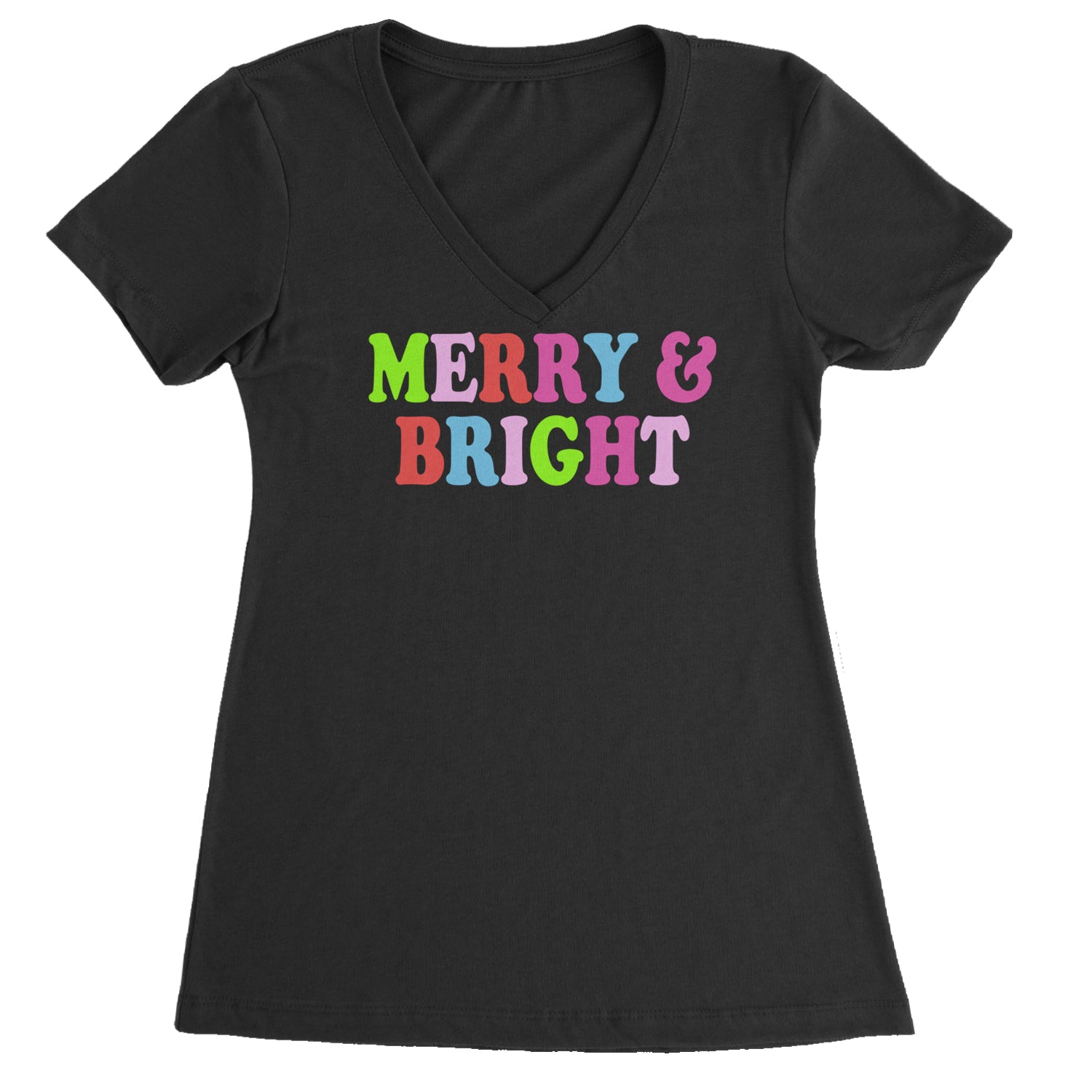 Merry and Bright Festive Christmas Holiday Ladies V-Neck T-shirt Black