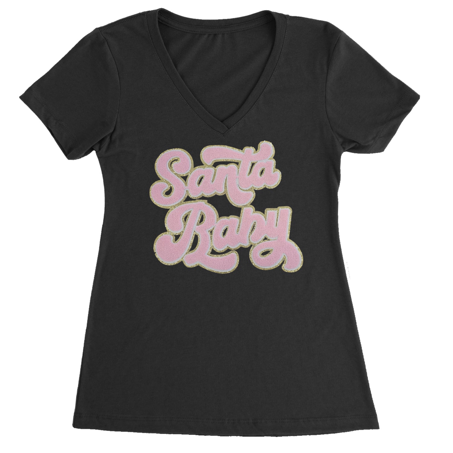 Pink Santa Baby Chenille Patch Ladies V-Neck T-shirt Black
