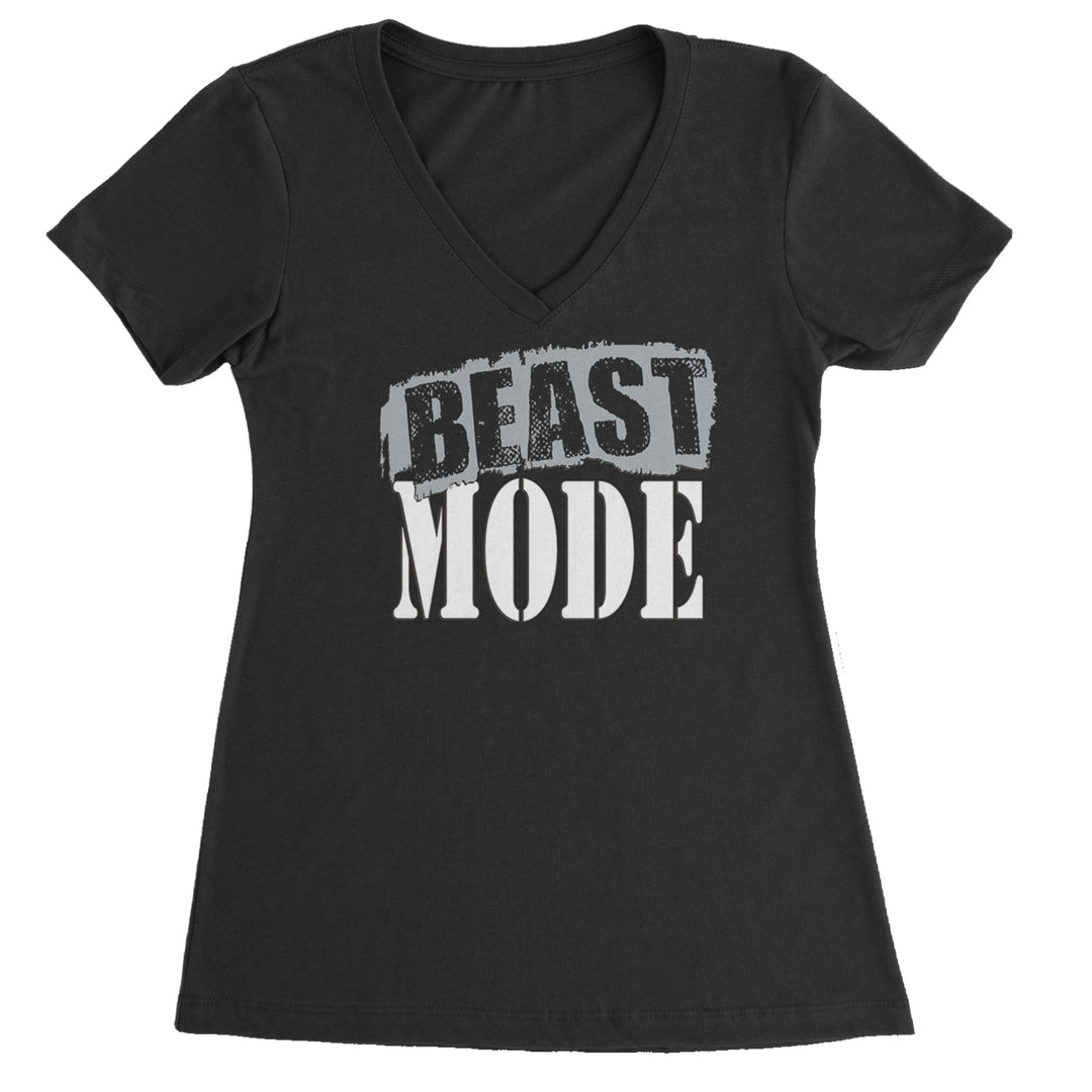 Bold distressed BEAST MODE workout typography on a Women's Lightweight V-Neck T-Shirt