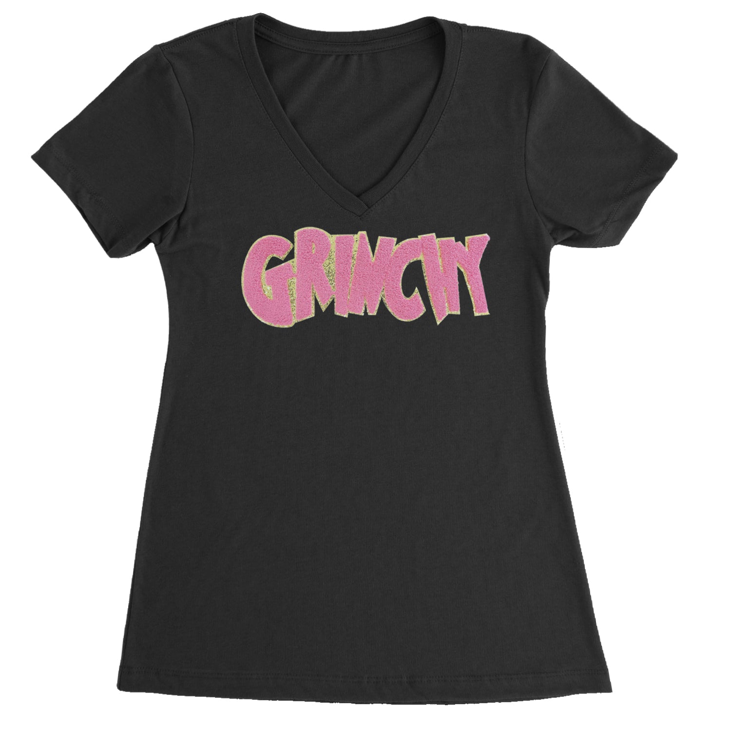 Pink Gr-nchy Chenille Patch Ladies V-Neck T-shirt Black