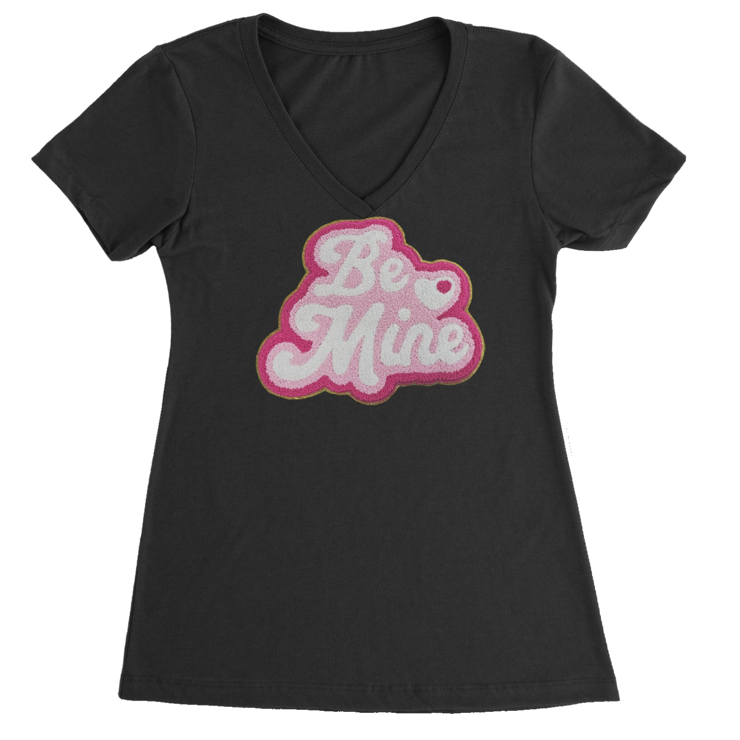 Be Mine Chenille Patch Valentines Days Ladies V-Neck T-shirt Light Pink