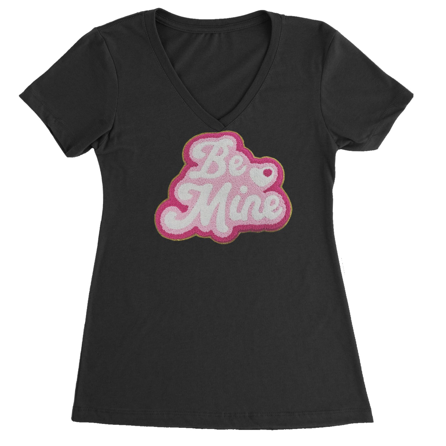 Be Mine Chenille Patch Valentines Days Ladies V-Neck T-shirt Black