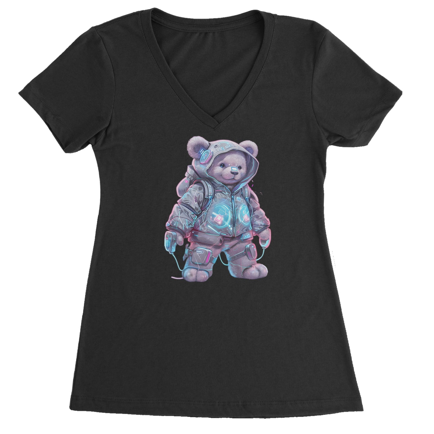 Cyberpunk Adventure Urban Graffiti Bear Ladies V-Neck T-shirt Black