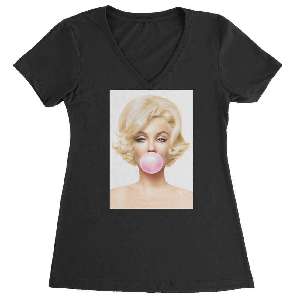 Ms. Monroe Pink Bubble Gum American Icon Ladies V-Neck T-shirt Black