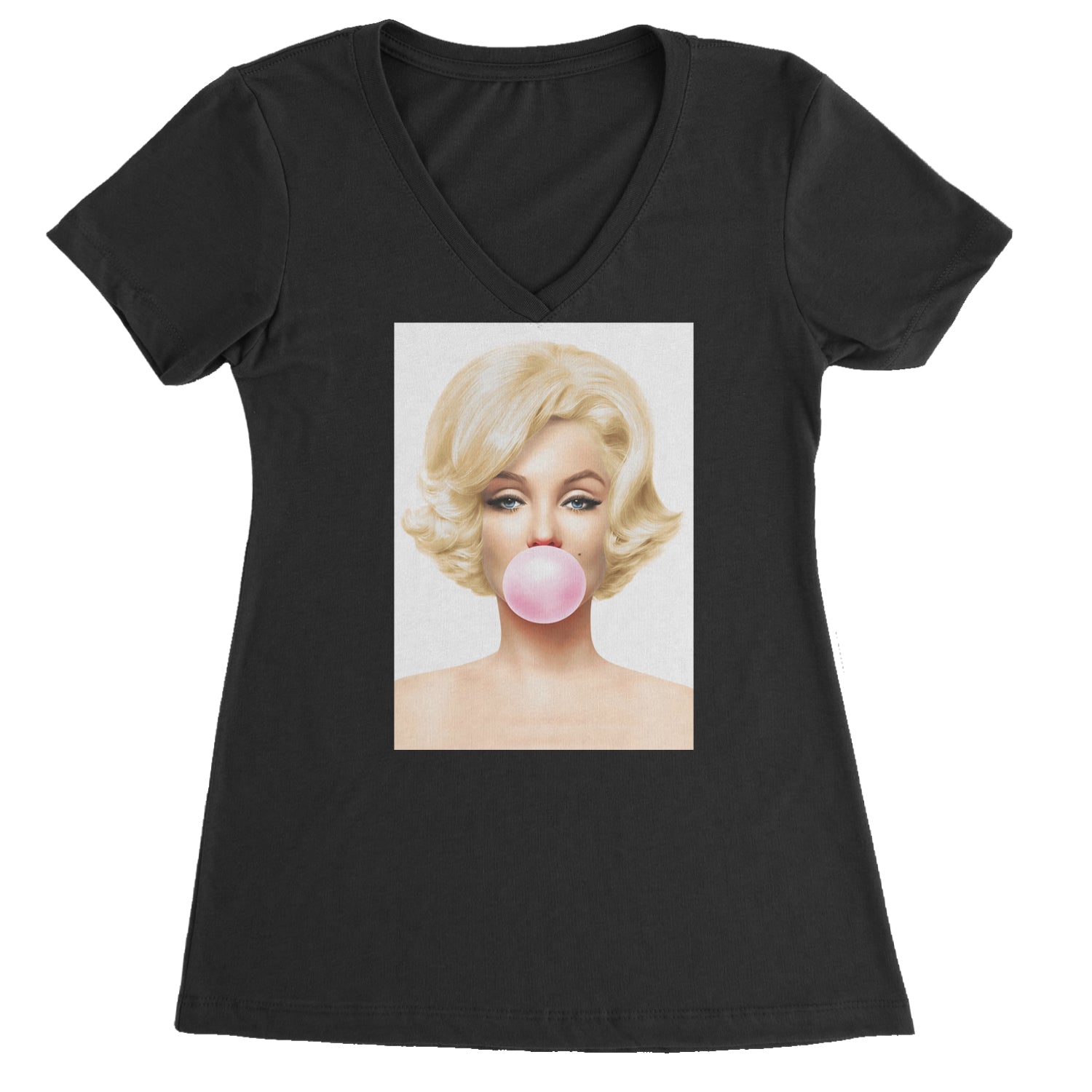 Ms. Monroe Pink Bubble Gum American Icon Ladies V-Neck T-shirt Blue Clouds