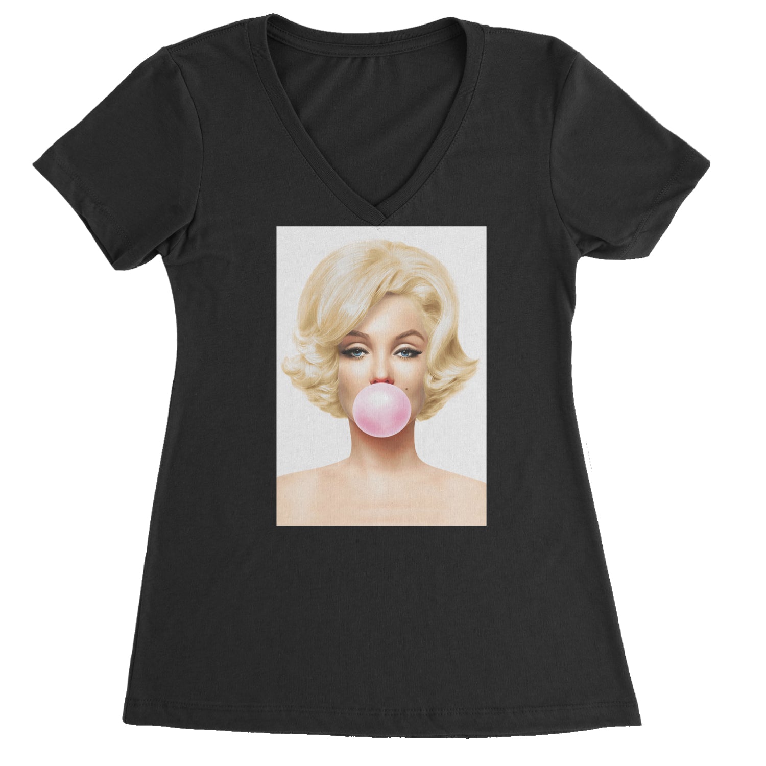 Ms. Monroe Pink Bubble Gum American Icon Ladies V-Neck T-shirt Black