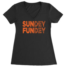 Stacked SUNDEY FUNDEY bold typography with striped fill on a Women's Lightweight V-Neck T-Shirt