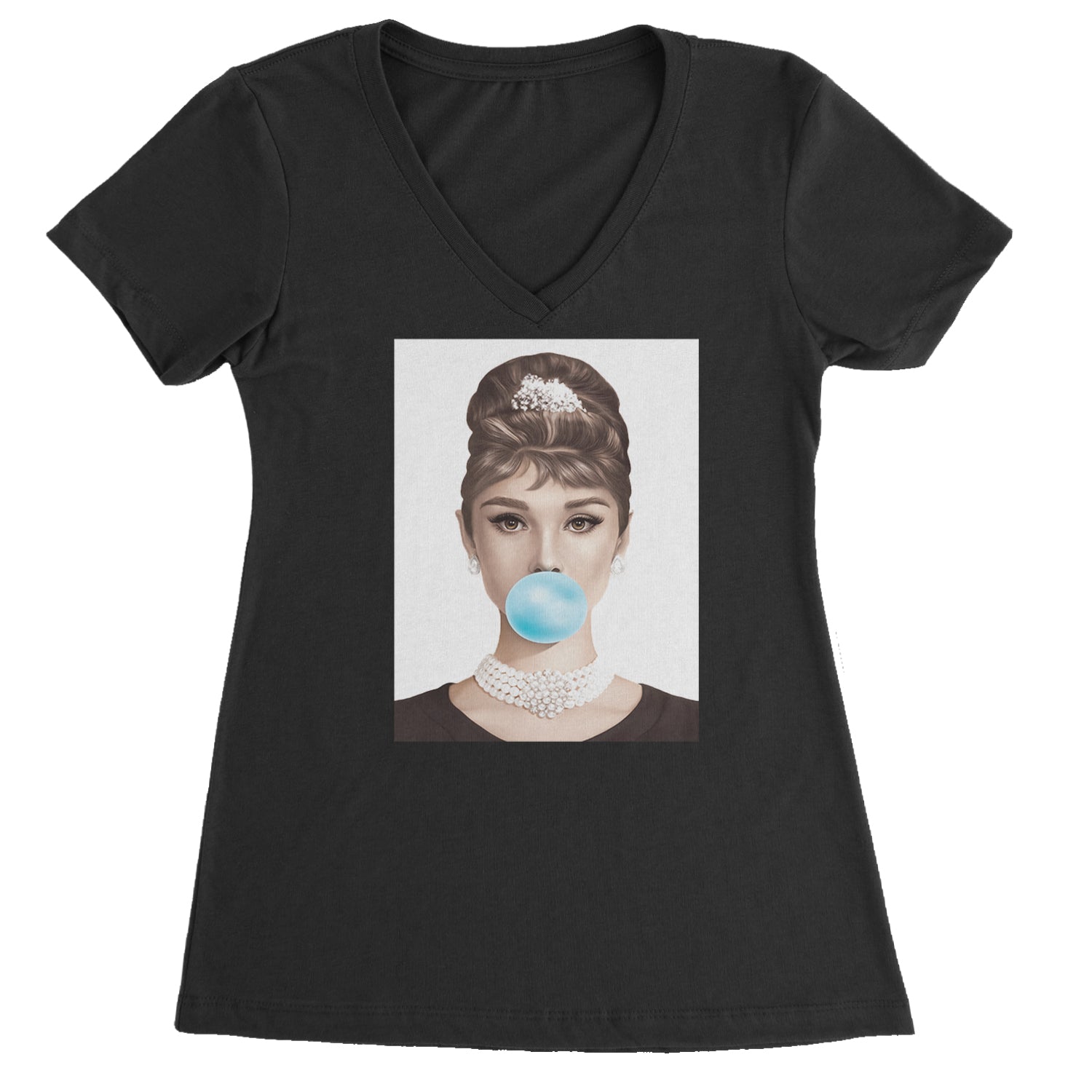 Audrey Hepburn Chewing Bubble Gum American Icon Ladies V-Neck T-shirt Black