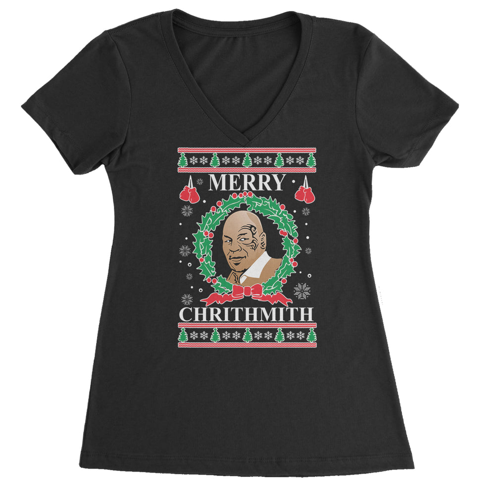 Merry Chrithmith Ugly Christmas Ladies V-Neck T-shirt Black