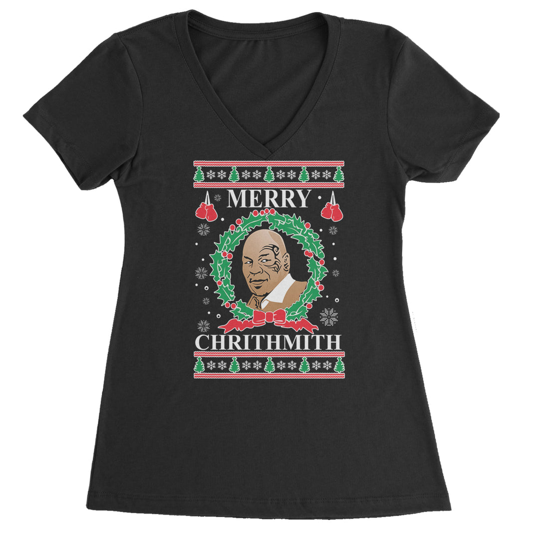 Merry Chrithmith Ugly Christmas Ladies V-Neck T-shirt Black