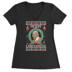 Merry Chrithmith Ugly Christmas Ladies V-Neck T-shirt Black