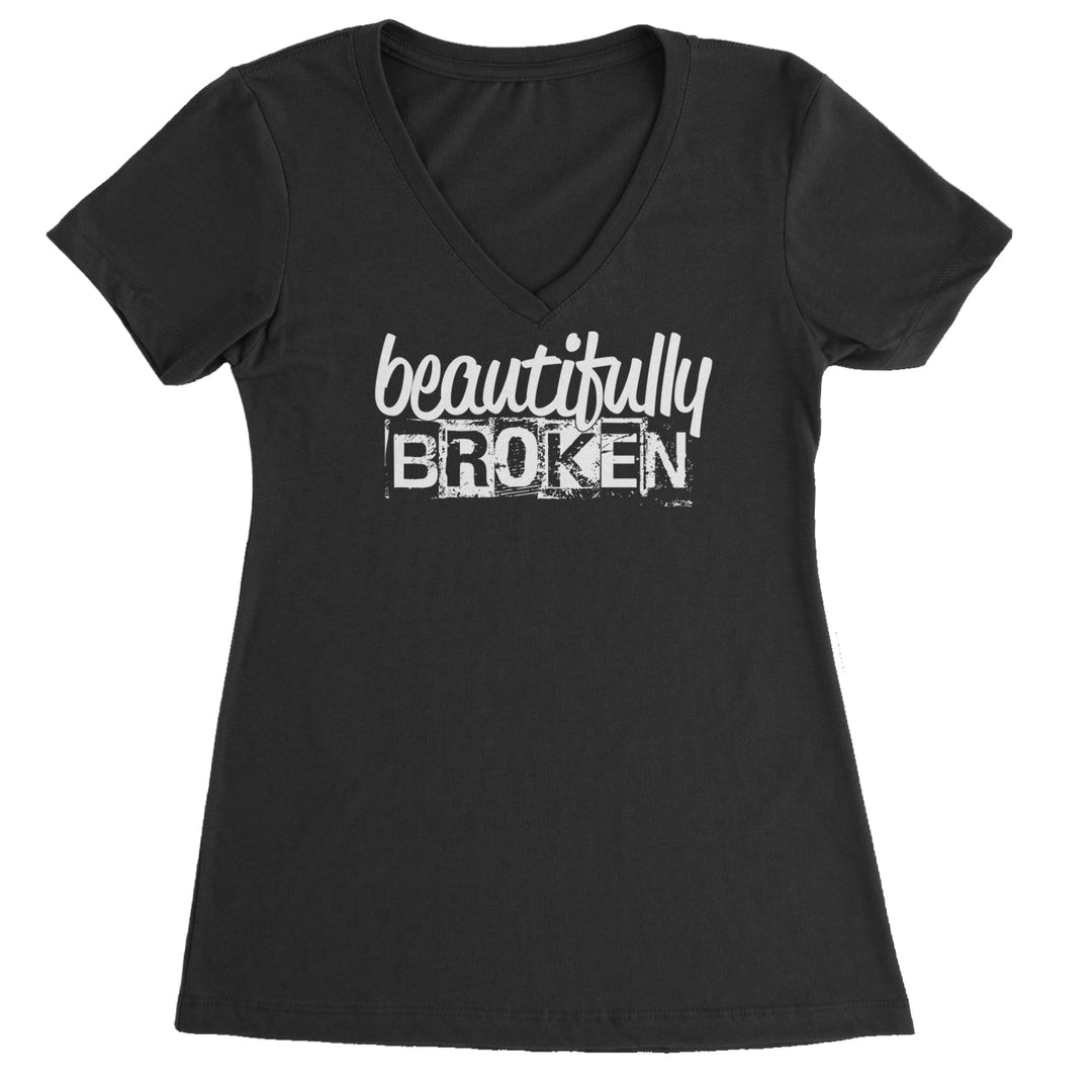Tie-dye style burst with "beautifully broken" on a Women's Lightweight V-Neck T-Shirt
