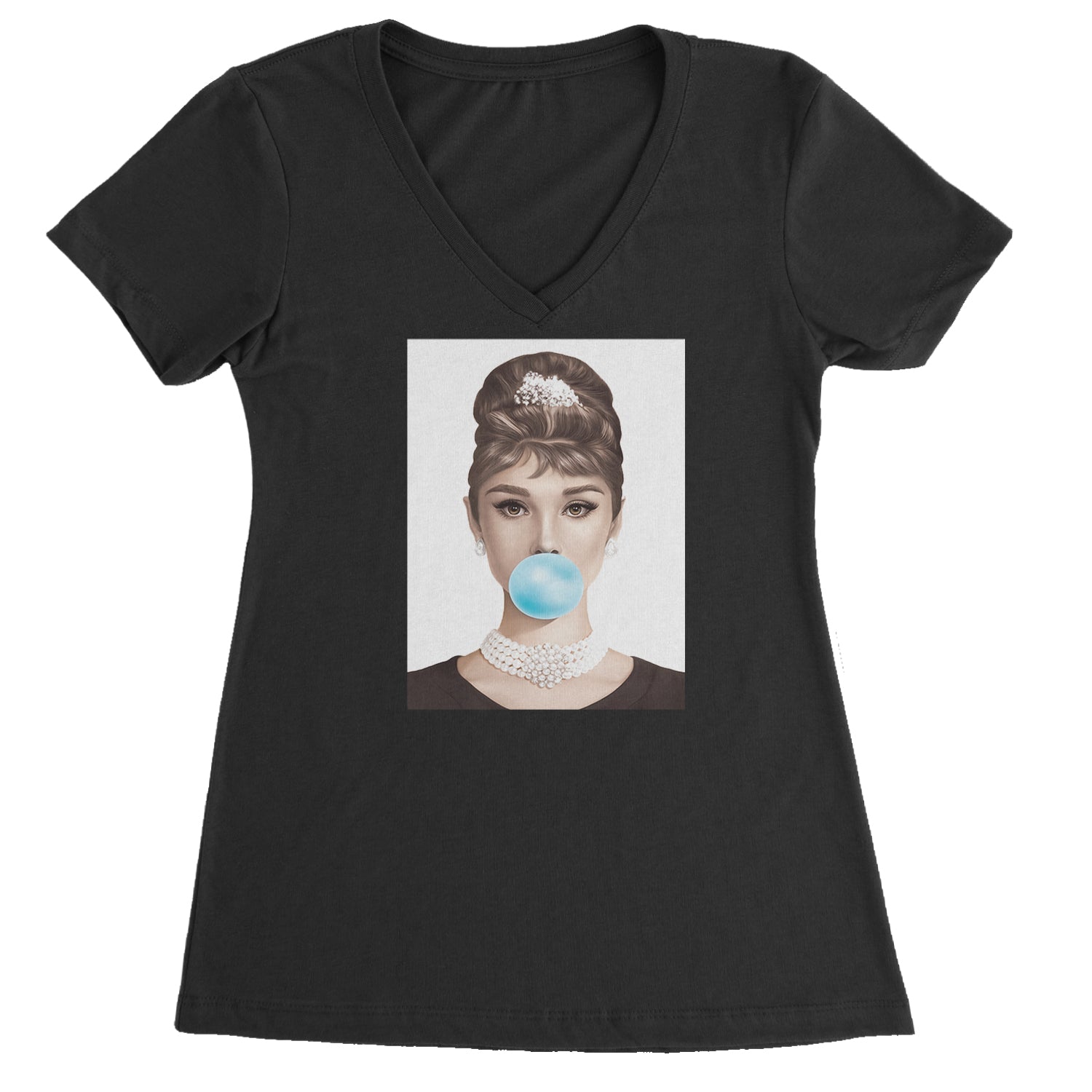 Audrey Hepburn Chewing Bubble Gum American Icon Ladies V-Neck T-shirt Black