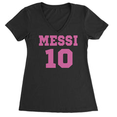 Women's Lightweight V-Neck T-Shirt with bold "MESSI" text and a large "10" in a jersey-style layout