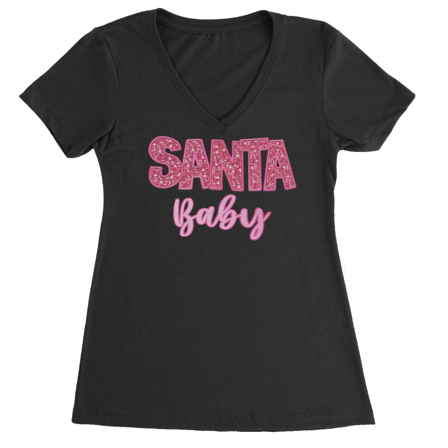 Santa Baby Faux Patch and Sequins Ladies V-Neck T-shirt Black