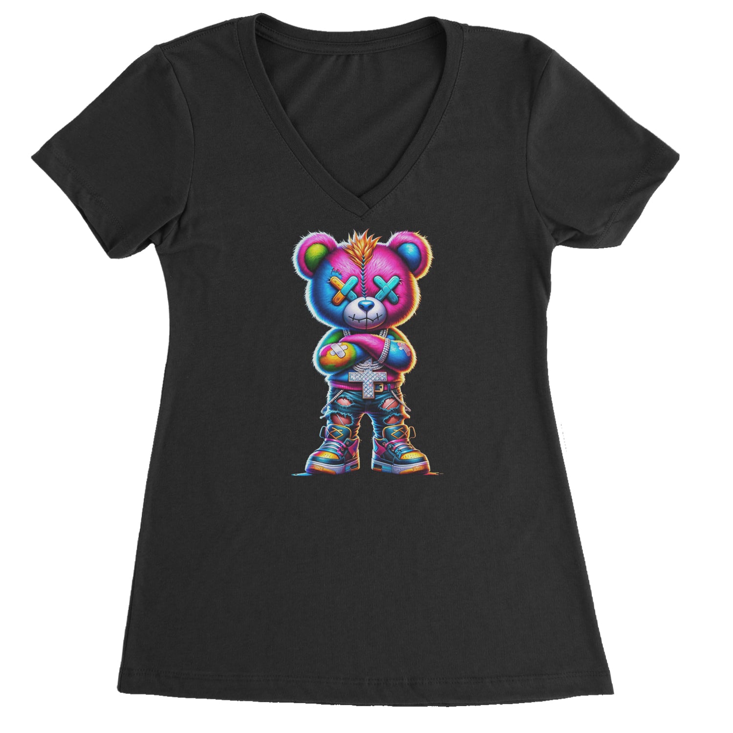 Stitched Neon Urban Graffiti Bear Ladies V-Neck T-shirt Black