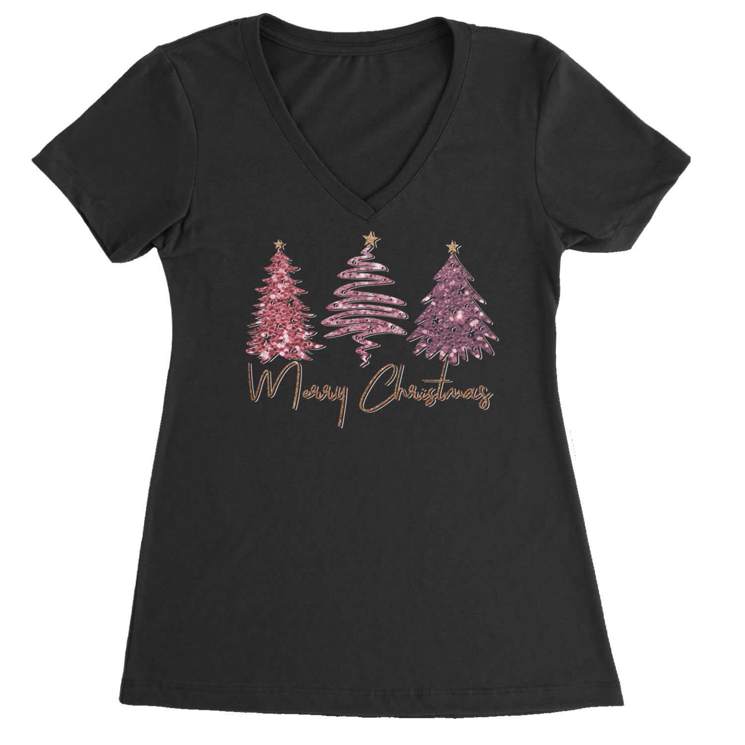 Merry Christmas Faux Glitter Trees Ladies V-Neck T-shirt Surf