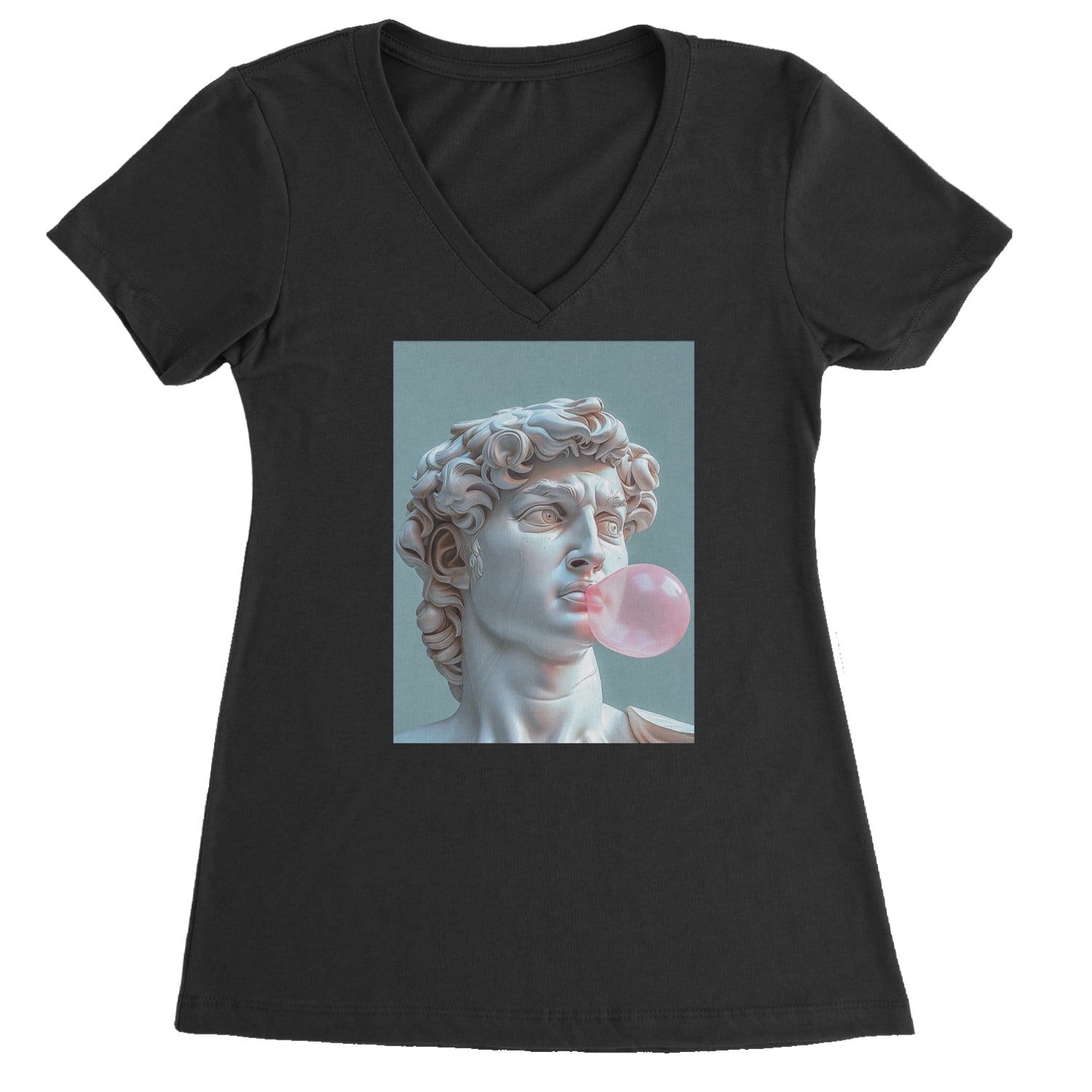 Michelangelo's David with Bubble Gum Contemporary Statue Art Ladies V-Neck T-shirt Light Pink