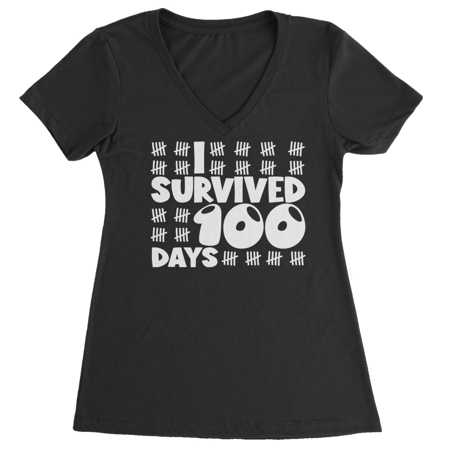 I Survived 100 Days Tally Marks Ladies V-Neck T-shirt Black