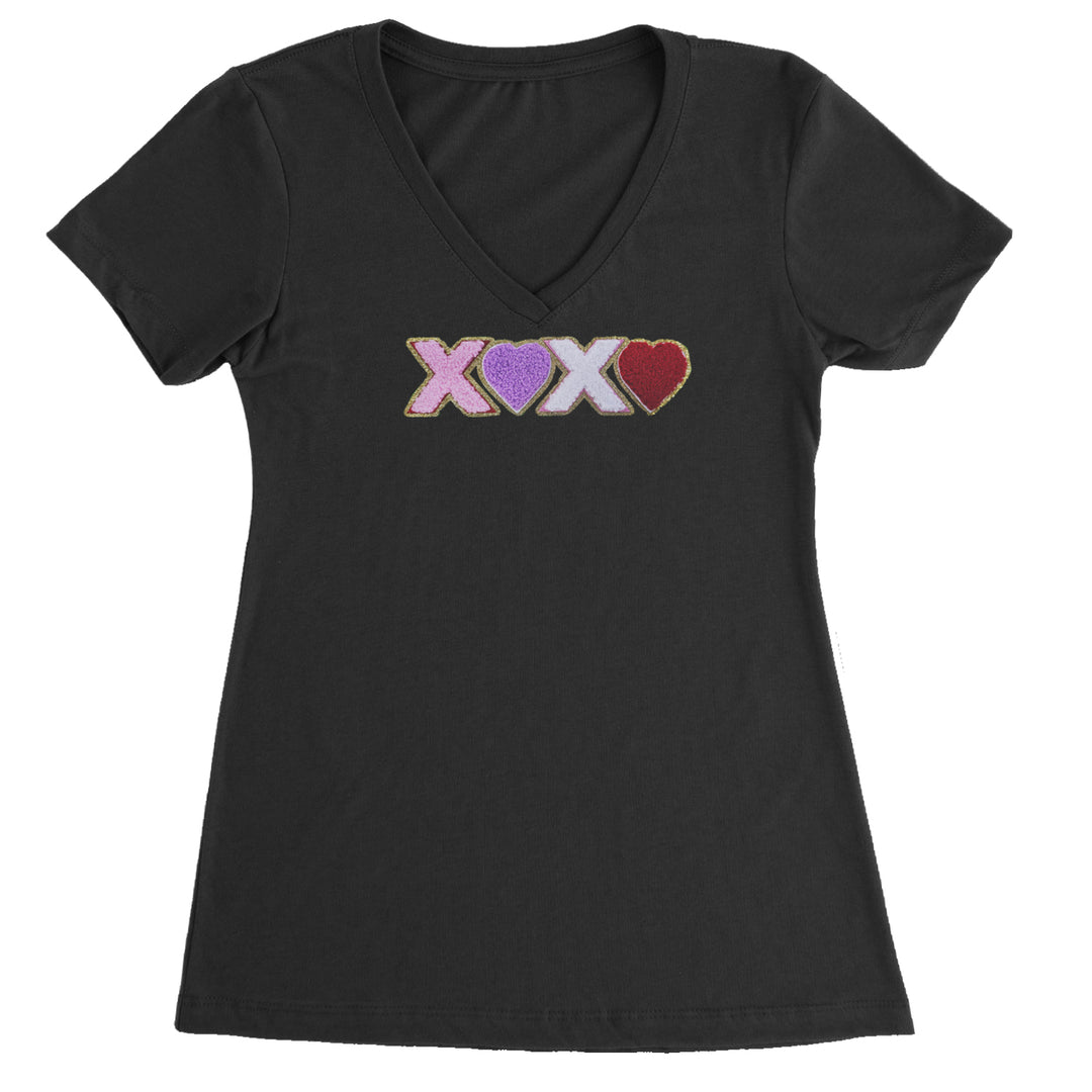 XOXO Chenille Patch Valentines Days Ladies V-Neck T-shirt Black
